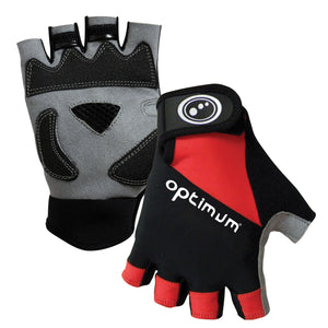 Pair of red and black Hawkley half-finger cycling gloves with grey padded palm and white logo - Optimum