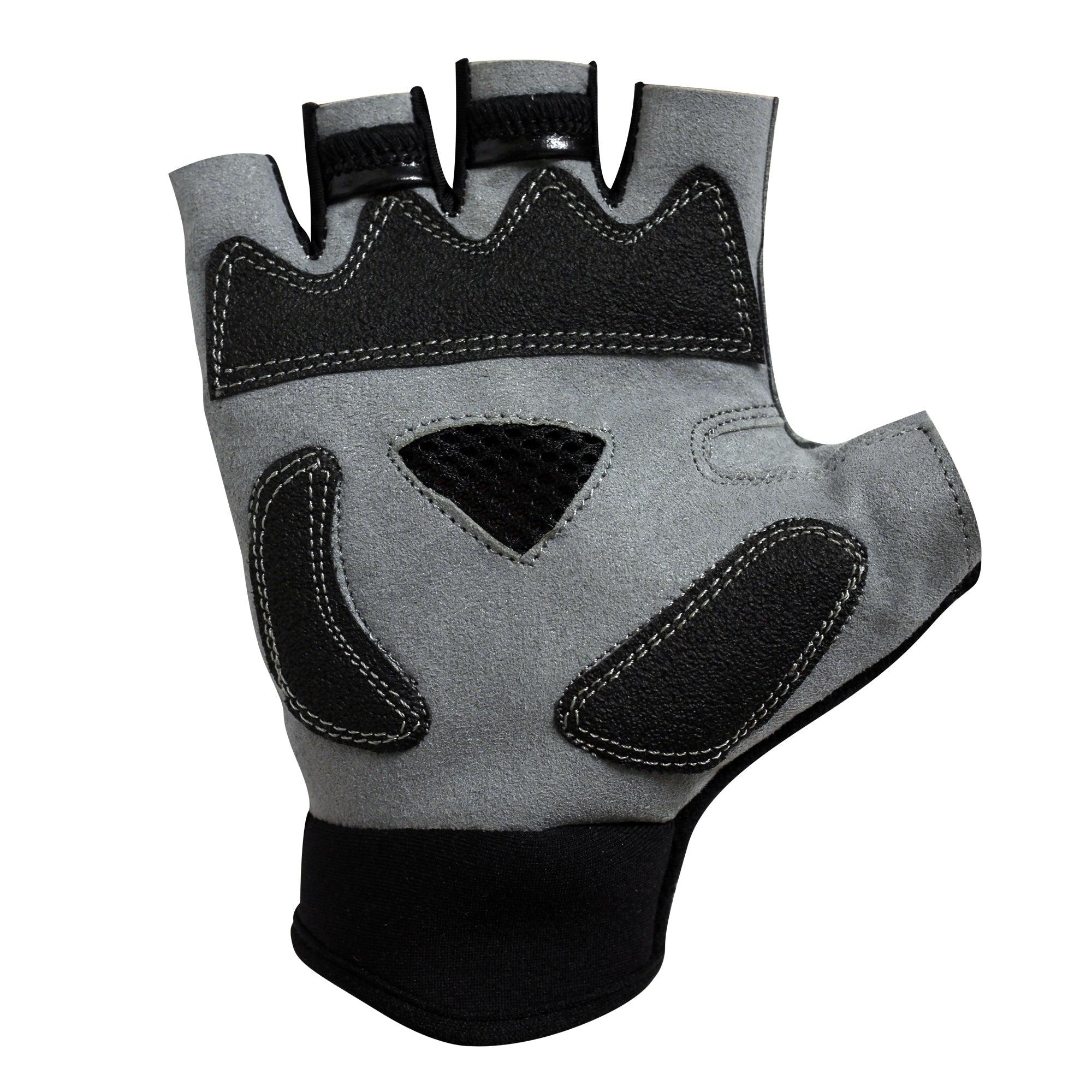 Grey and black half-finger cycling glove, palm view with padded gel pads and mesh vent panel, on white - Optimum