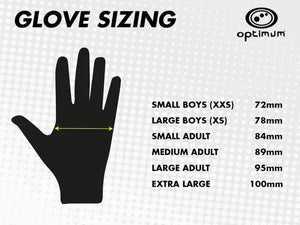 Optimum glove sizing chart with black hand silhouette and adult size measurements on white - Optimum
