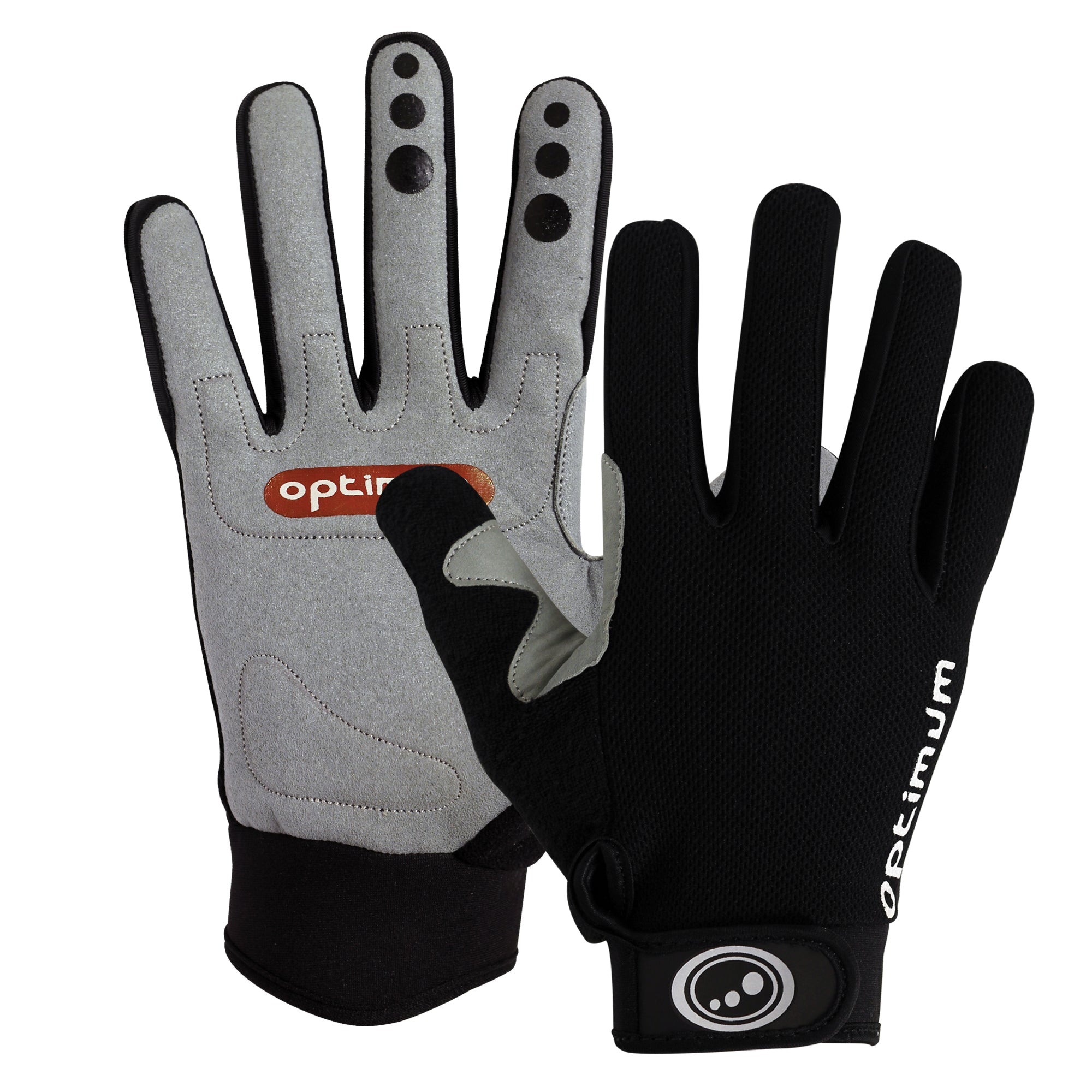 Pair of black and grey Hawkley MTB full-finger cycling gloves, palm and back views on white - Optimum