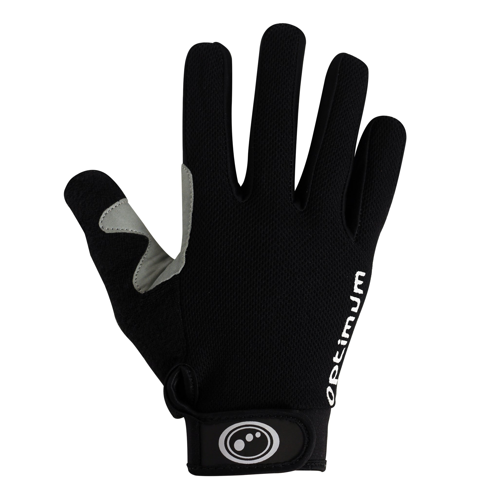 Black Hawkley MTB full-finger cycling glove, back view with white Optimum logo and wrist strap - Optimum