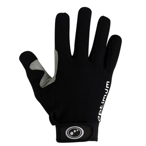 Black Hawkley MTB full-finger cycling glove, back view with white Optimum logo and wrist strap - Optimum