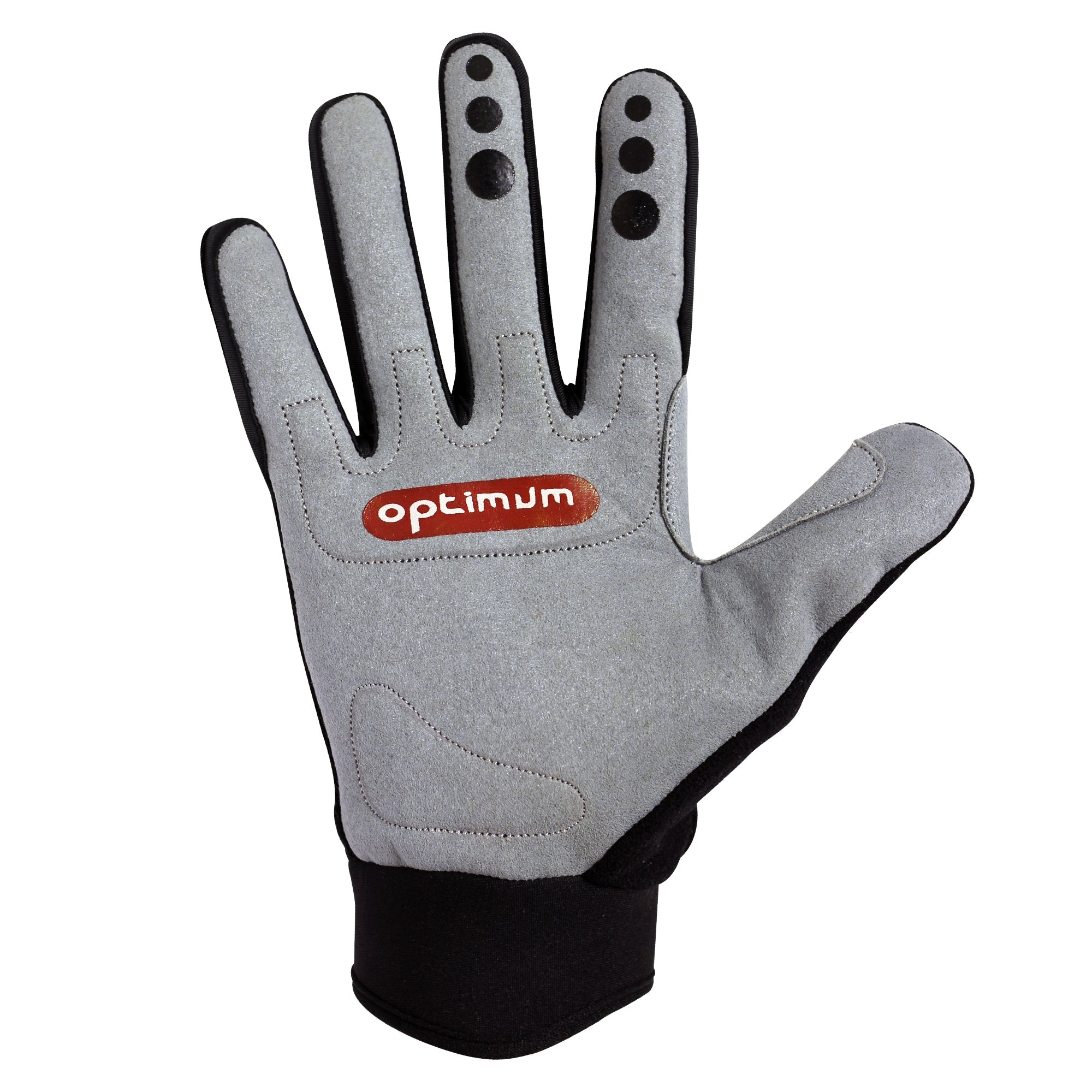 Hawkley MTB glove palm view with grey padded palm, red Optimum logo and black fingertip grips - Optimum
