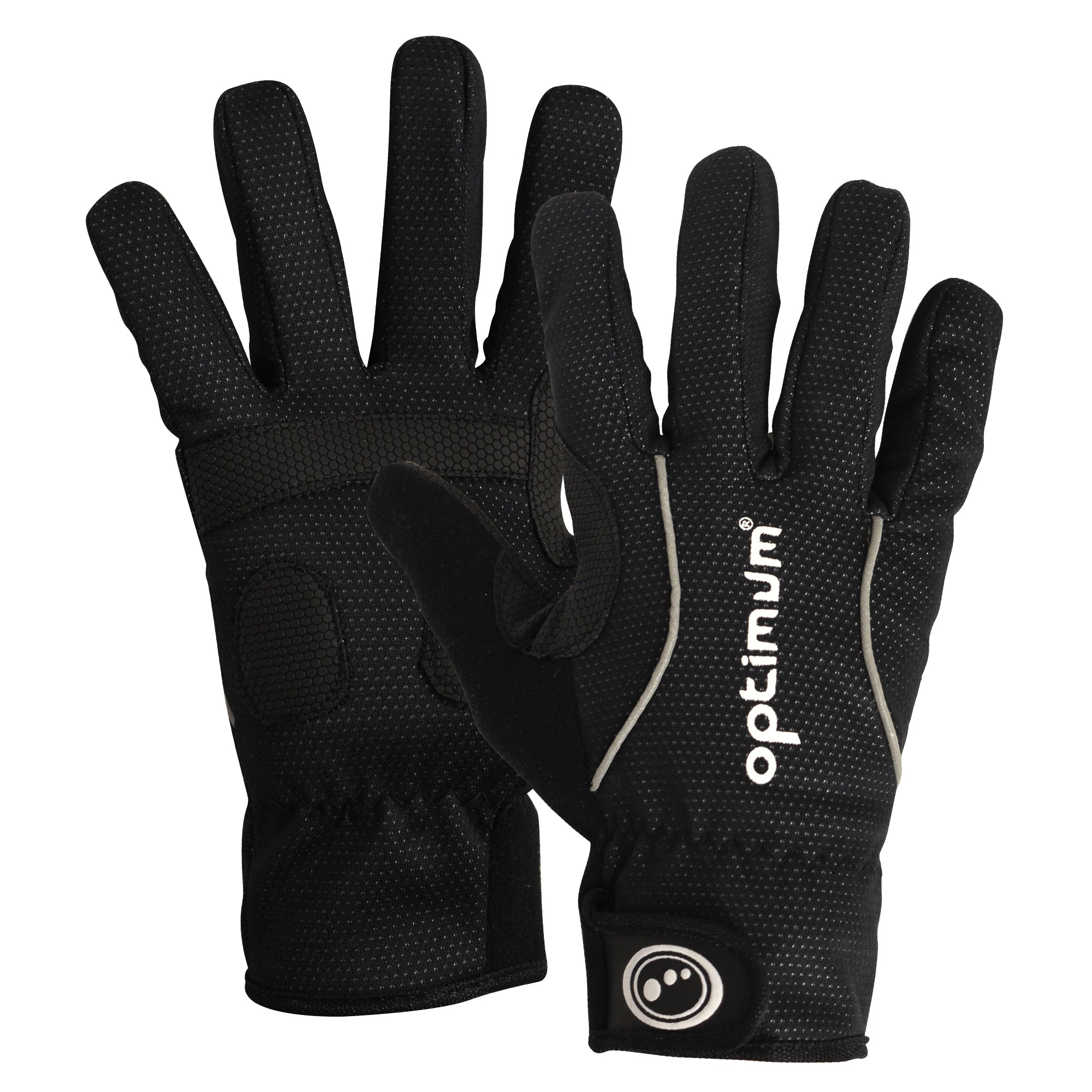 Black full-finger winter cycling gloves pair, palm and back with white Optimum logo, on white - Optimum