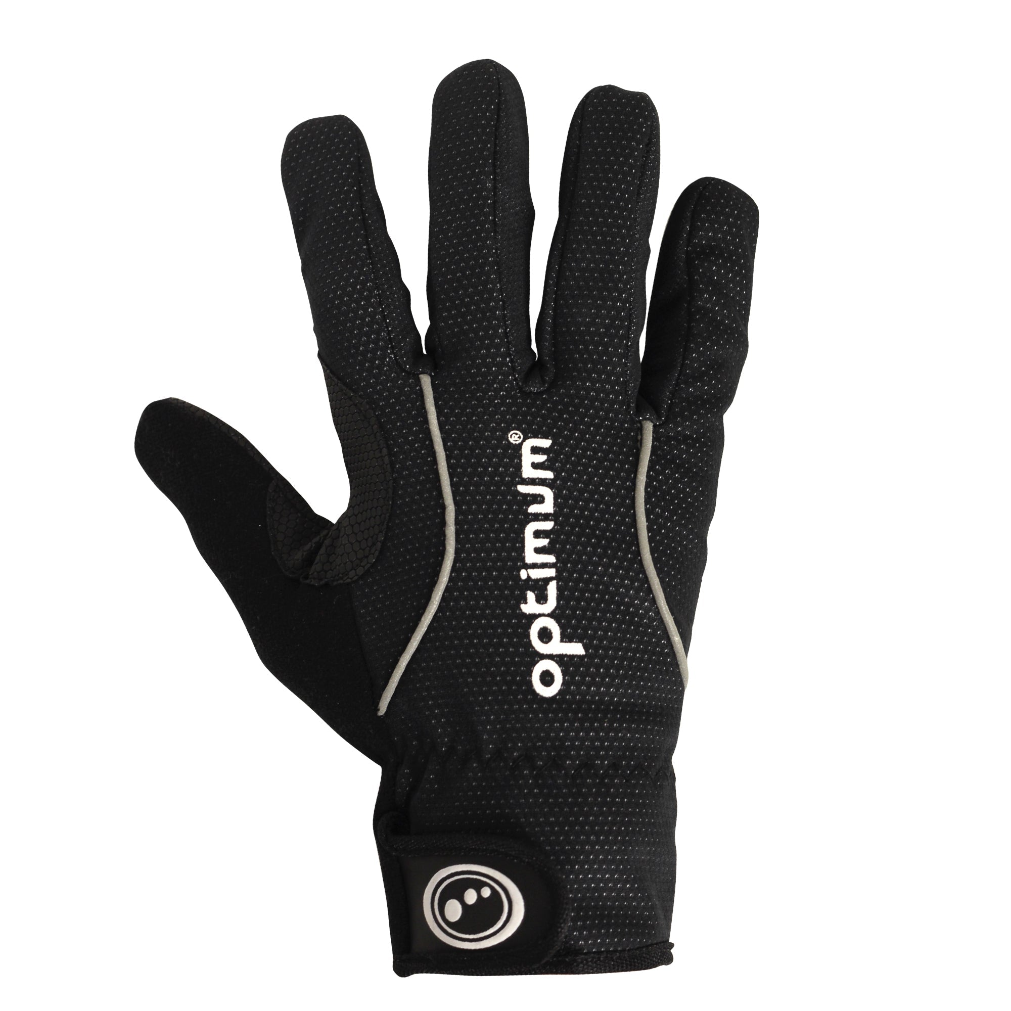 Black full-finger winter cycling glove, back view with white Optimum logo and wrist strap, on white - Optimum