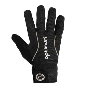 Black full-finger winter cycling glove, back view with white Optimum logo and wrist strap, on white - Optimum