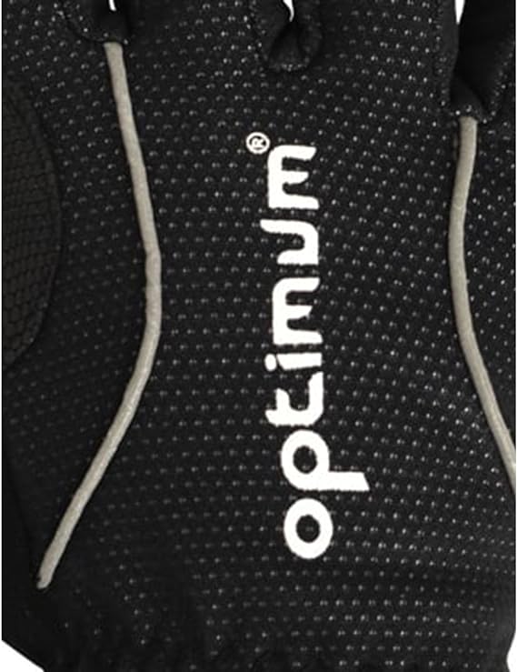 Close-up of black winter cycling glove back with white Optimum logo and reflective piping - Optimum