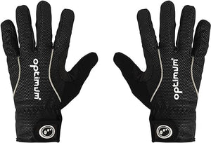 Black full-finger winter cycling gloves pair, back view with white Optimum logos, on white - Optimum
