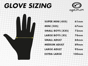 Optimum glove sizing chart with black hand silhouette and full size measurements on white - Optimum