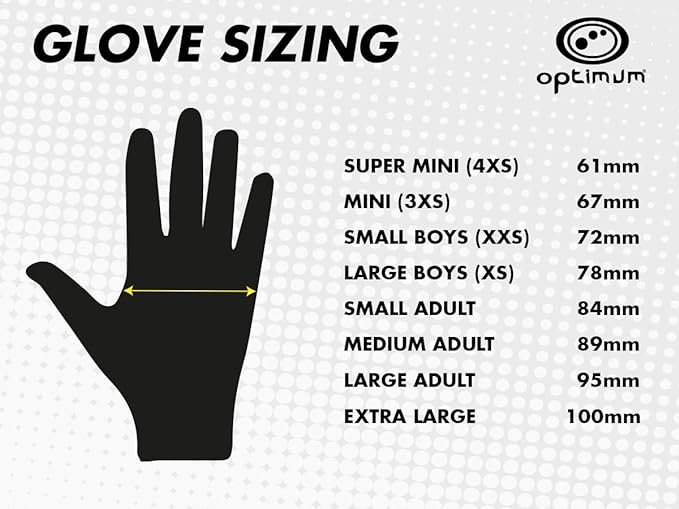 Optimum glove sizing chart with black hand silhouette and full size measurements on white - Optimum