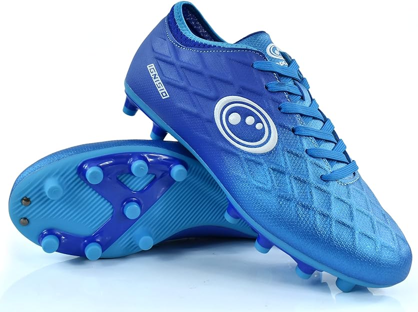 Blue Optimum Ignisio football boots, one upright, one showing blue moulded-stud sole, white ring logo, on white - Optimum