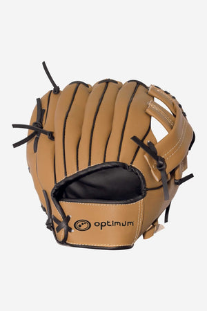 Tan leather Optimum baseball glove, front pocket view with black logo and lacing, on white - Optimum