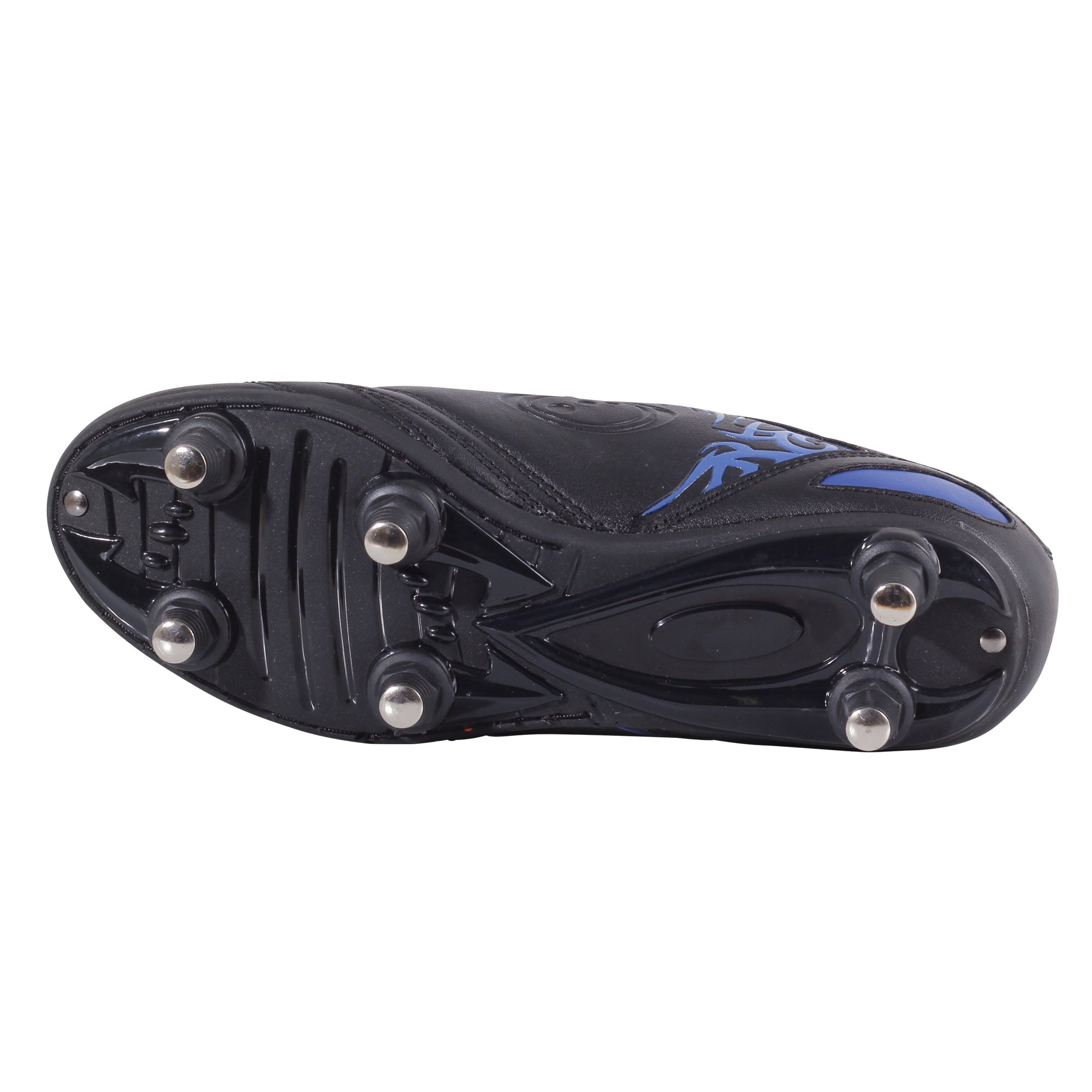 Black junior Optimum Razor football boot sole, showing six metal screw-in studs and blue tribal print - Optimum