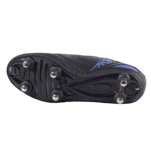 Black junior Optimum Razor football boot sole, showing six metal screw-in studs and blue tribal print - Optimum