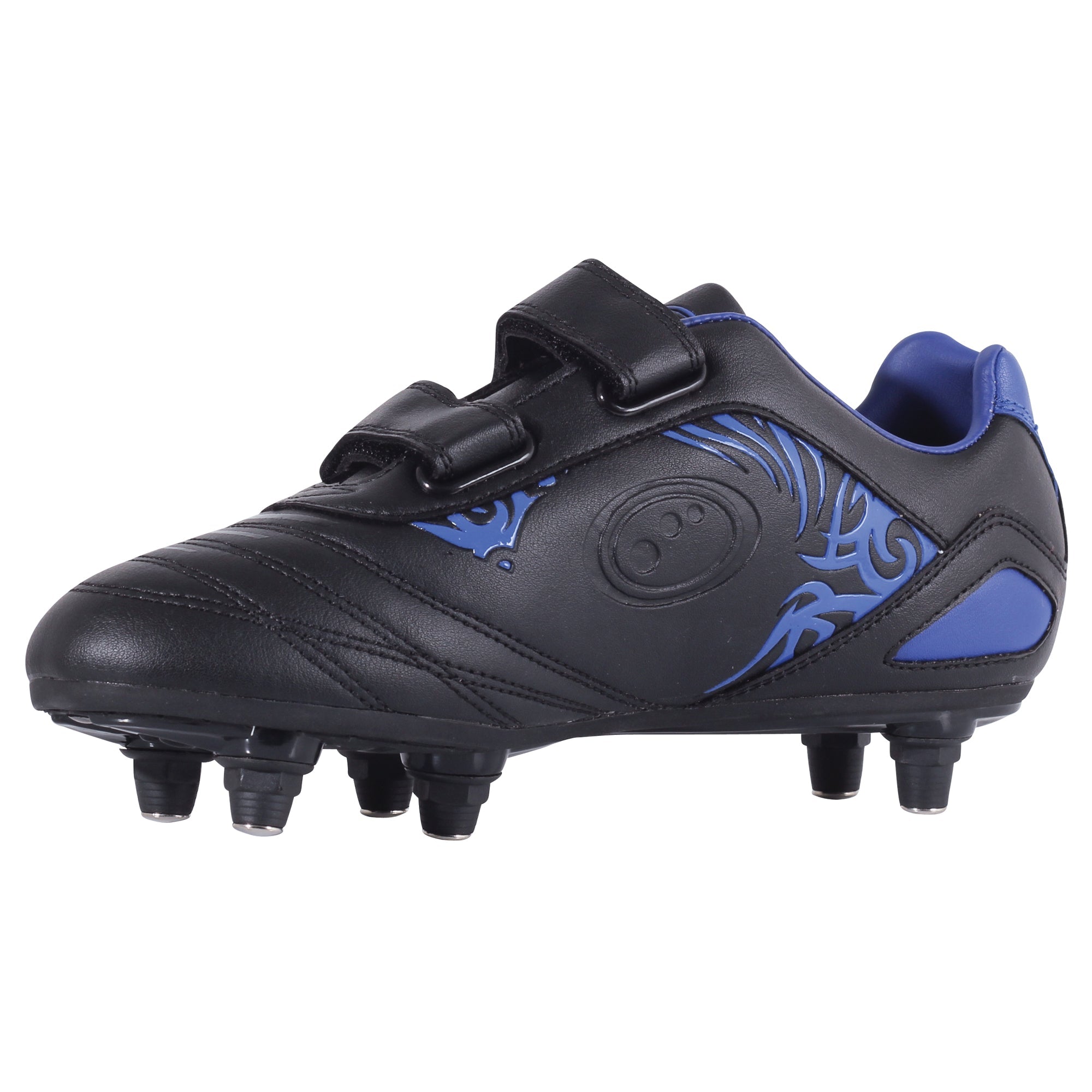 Black and blue junior Optimum Razor football boot, side view with blue tribal print and twin touch-fasten straps - Optimum