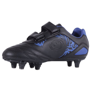 Black and blue junior Optimum Razor football boot, side view with blue tribal print and twin touch-fasten straps - Optimum