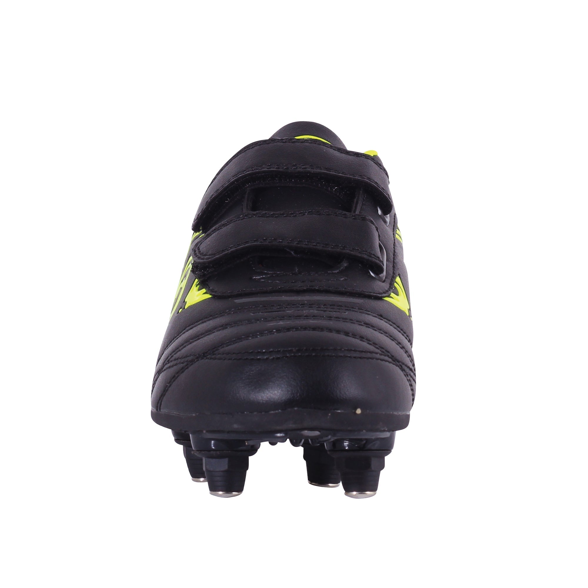 Black and fluro yellow junior Optimum Razor football boot, front-on view with twin touch-fasten straps and studs - Optimum