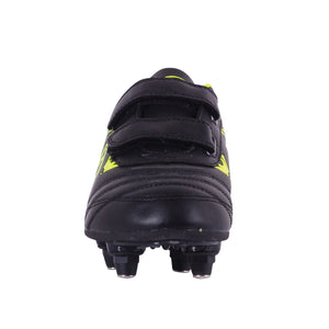 Black and fluro yellow junior Optimum Razor football boot, front-on view with twin touch-fasten straps and studs - Optimum