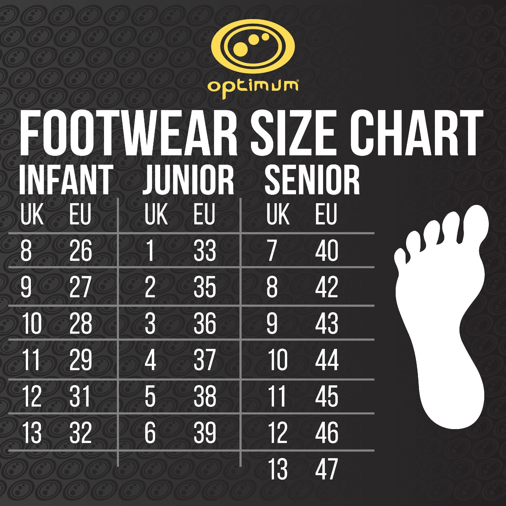 Optimum footwear size chart with UK and EU sizes for infant, junior and senior, yellow logo on black - Optimum
