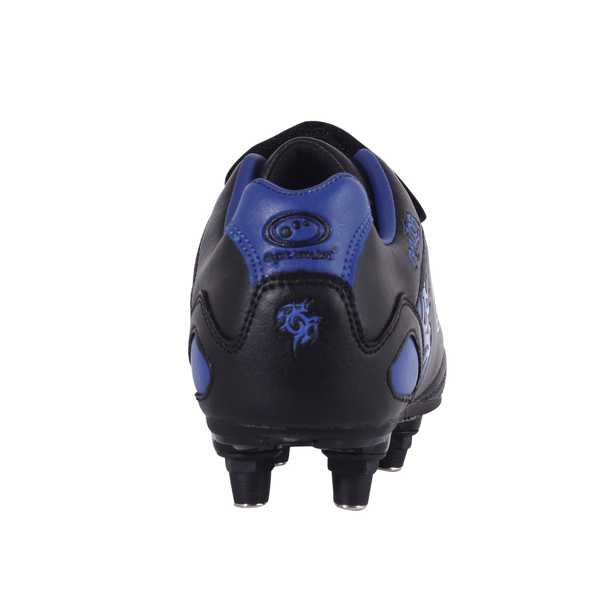 Black and blue junior Optimum Razor football boot, rear heel view with blue logo and screw-in studs - Optimum