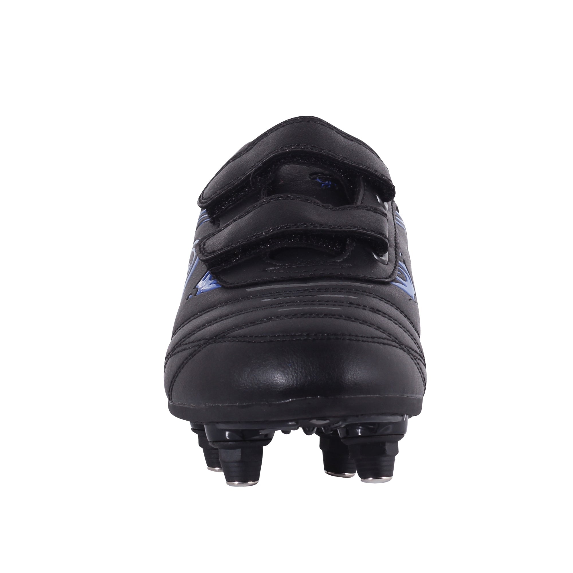 Black junior Optimum Razor football boot, front-on view with twin touch-fasten straps and screw-in studs - Optimum