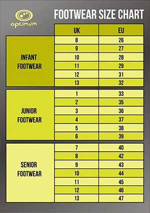 Optimum footwear size chart with UK and EU sizes for infant, junior and senior, yellow tables on grey - Optimum