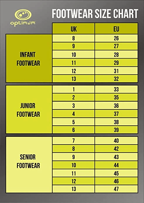 Optimum footwear size chart with UK and EU sizes for infant, junior and senior, yellow tables on grey - Optimum