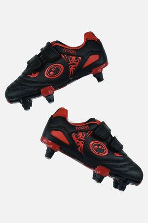 Black and red junior Optimum Razor football boots with twin touch-fasten straps and screw-in studs, pair on white - Optimum