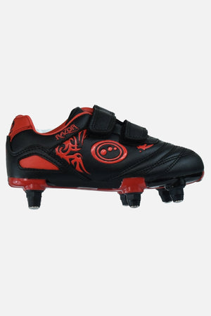 Black and red junior Optimum Razor football boot, side view with red tribal print and twin touch-fasten straps - Optimum