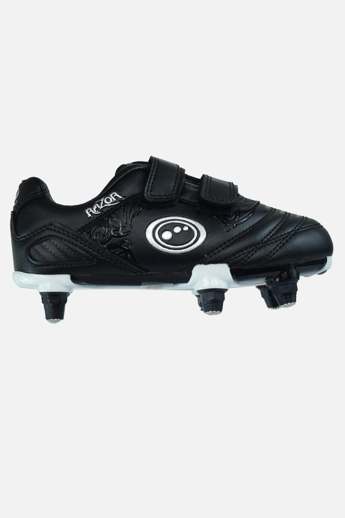 Black junior Optimum Razor football boot, side view with white logo, twin touch-fasten straps and screw-in studs - Optimum