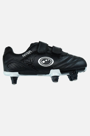 Black junior Optimum Razor football boot, side view with white logo, twin touch-fasten straps and screw-in studs - Optimum