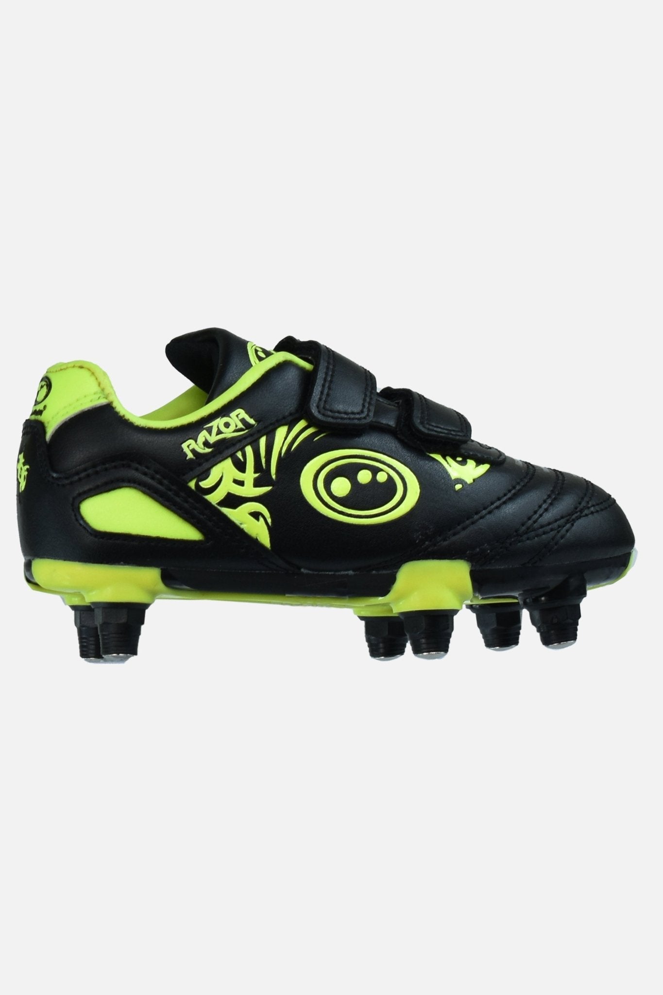 Black and fluro yellow junior Optimum Razor football boot, side view with twin touch-fasten straps and studs - Optimum