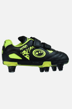 Black and fluro yellow junior Optimum Razor football boot, side view with twin touch-fasten straps and studs - Optimum