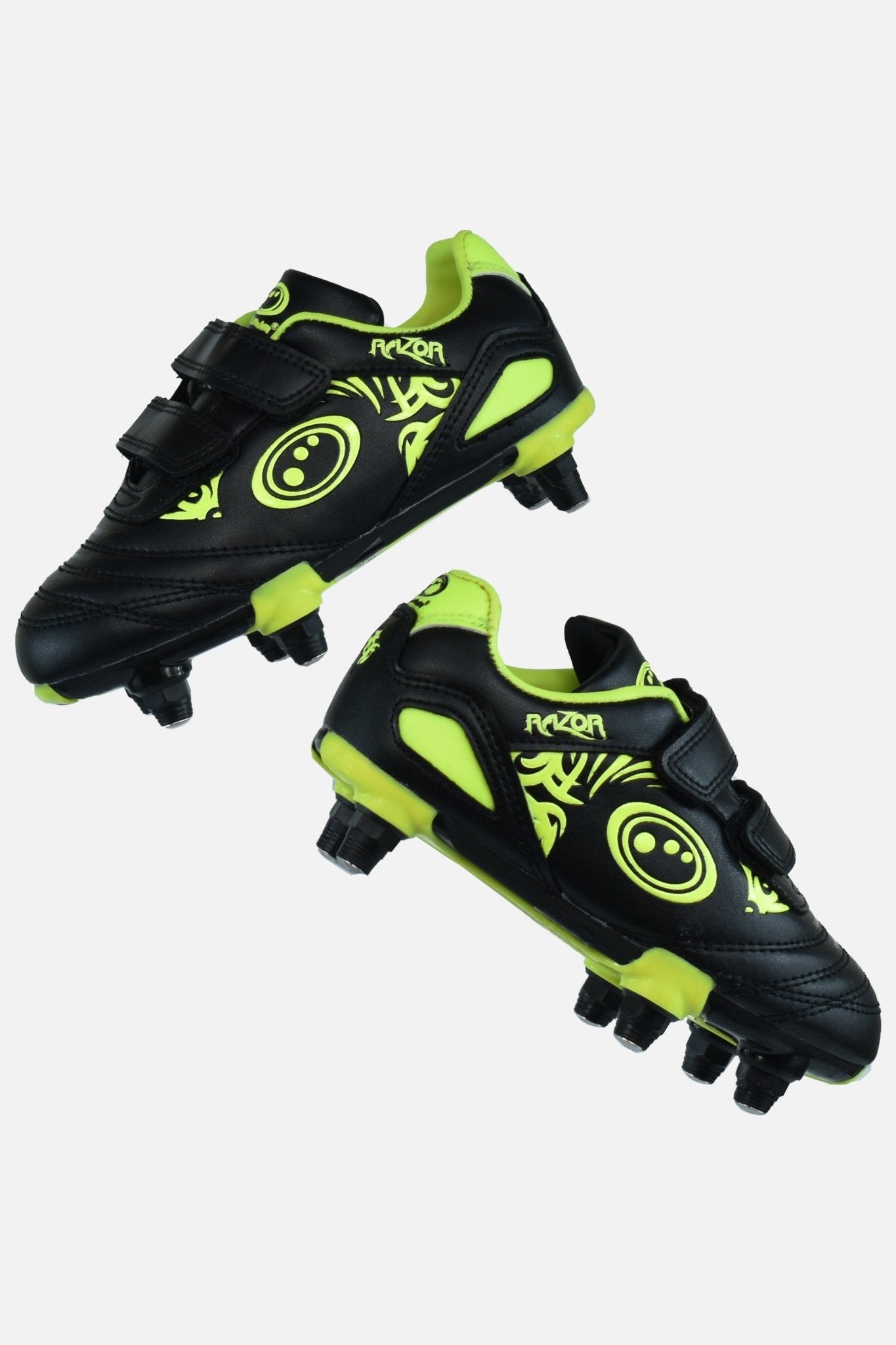 Black and fluro yellow junior Optimum Razor football boots, pair with twin touch-fasten straps and screw-in studs - Optimum