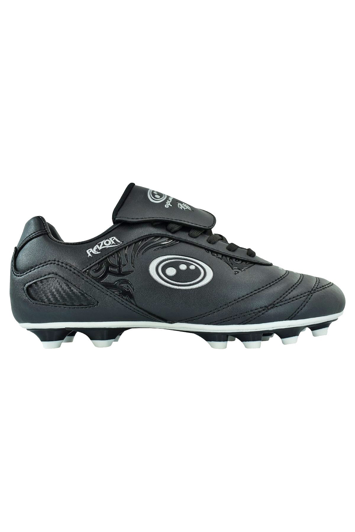 Black Optimum Razor lace-up football boot, side profile with silver logo, moulded studs, white sole - Optimum