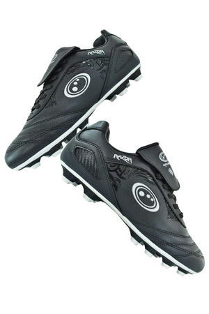 Pair of black Optimum Razor lace-up football boots with silver logo, moulded studs and white soles - Optimum