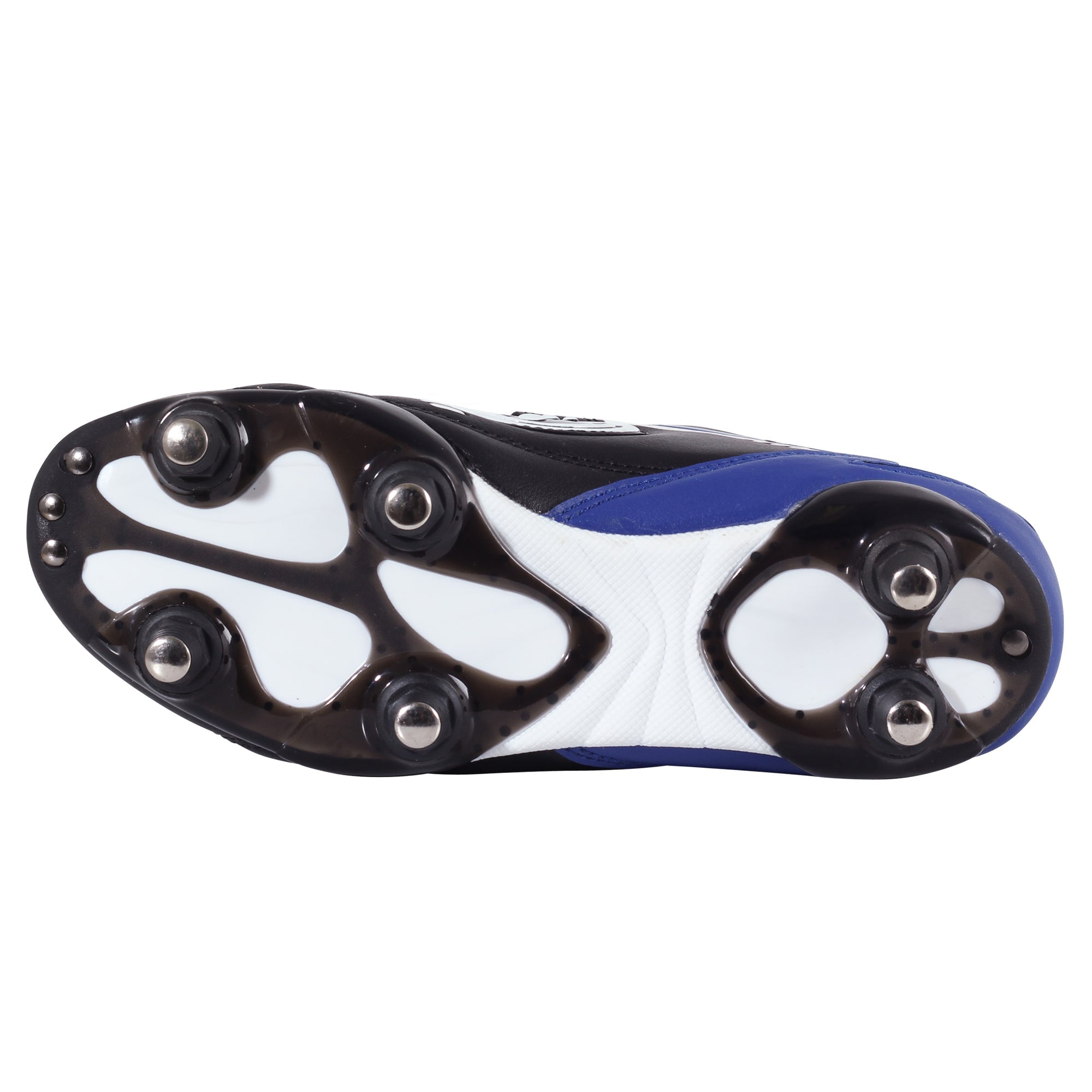 Black, white and blue Optimum Tribal football boot sole showing six screw-in studs, on white - Optimum