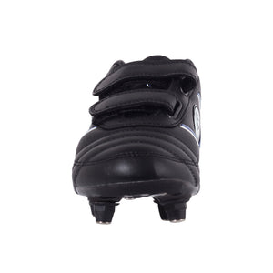 Black Optimum Tribal football boot, front view showing twin straps and screw-in studs on white - Optimum
