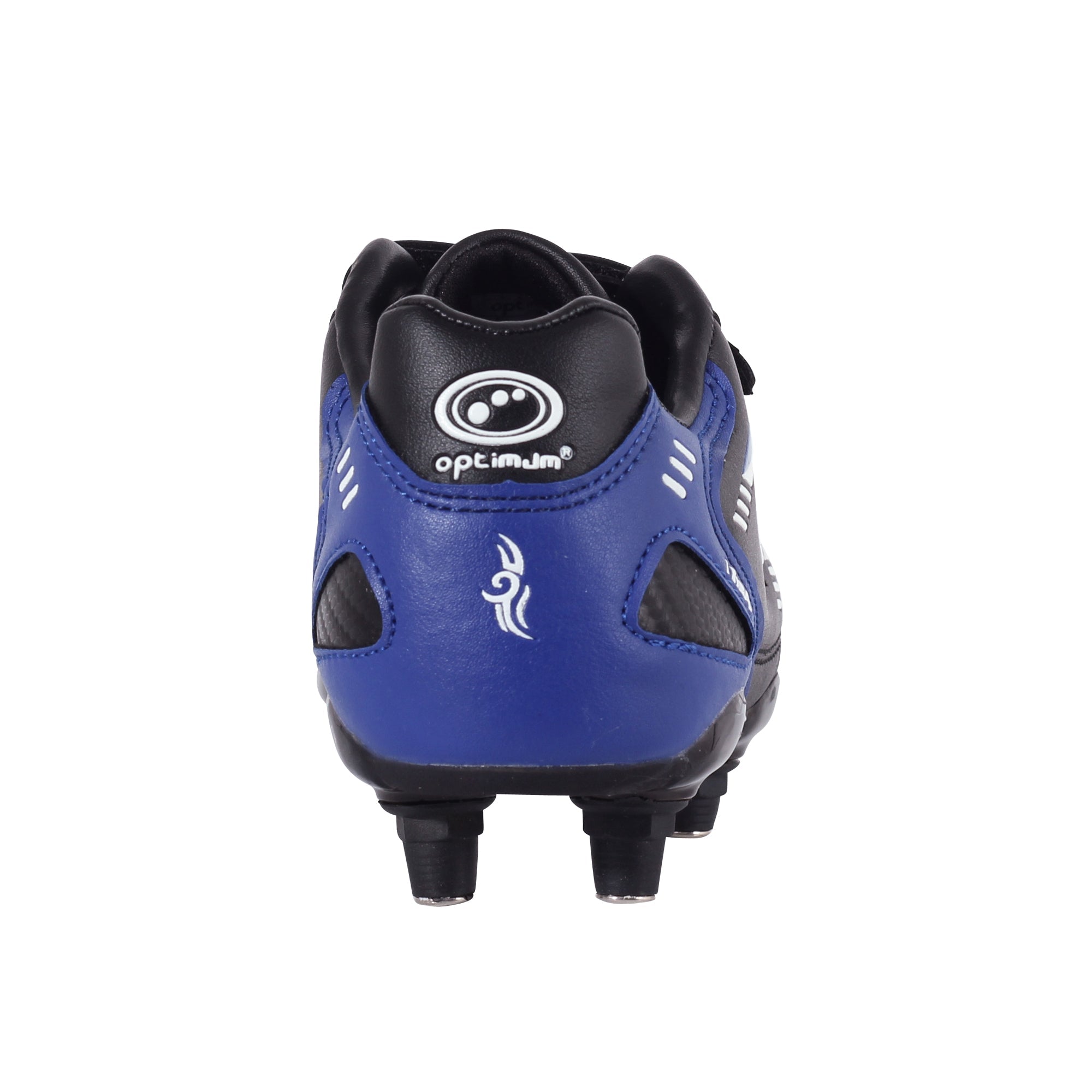 Black and blue Optimum Tribal football boot, heel view with logo and tribal graphic and screw-in studs - Optimum
