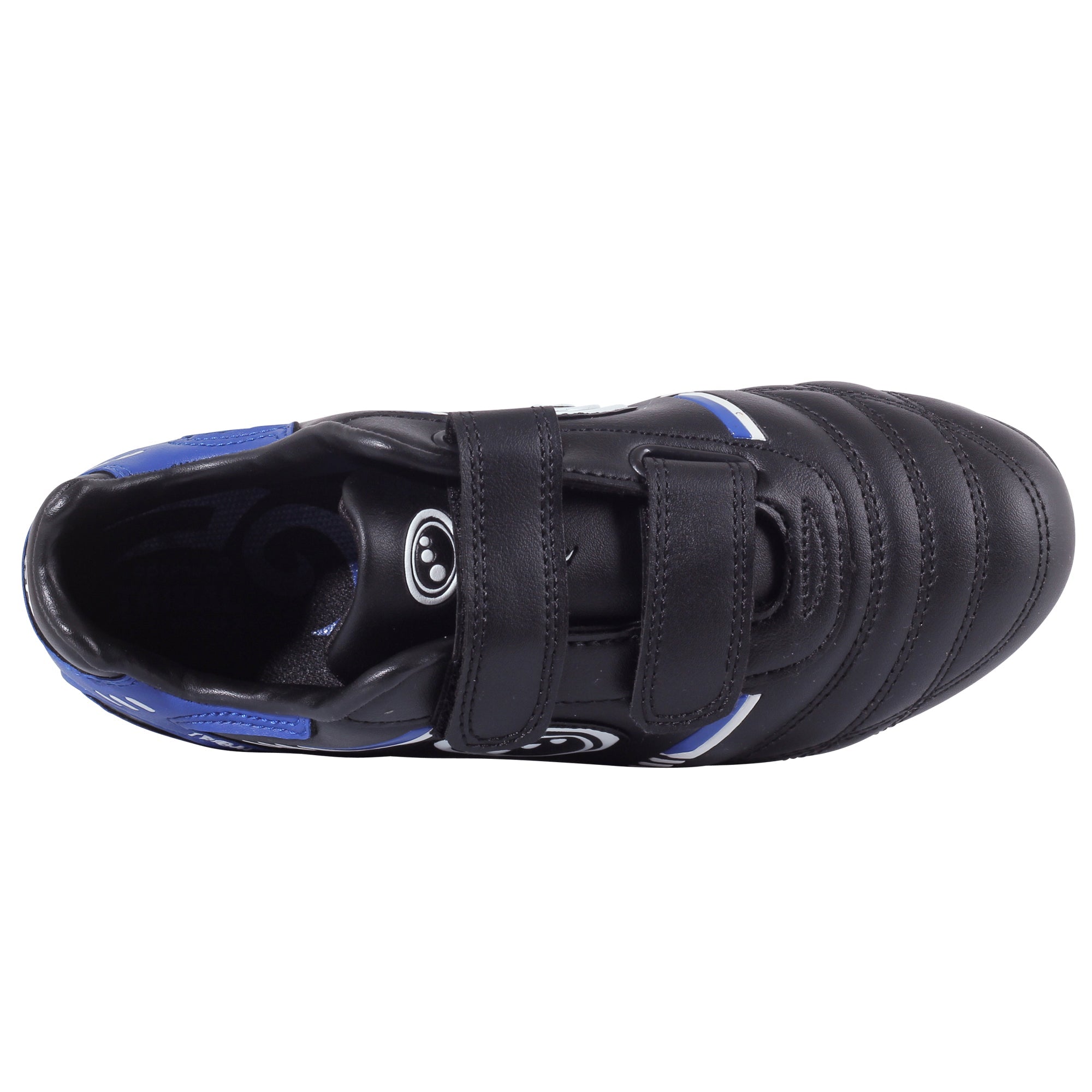 Black Optimum Tribal football boot with blue trim, top-down view showing twin hook-and-loop straps - Optimum