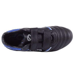 Black Optimum Tribal football boot with blue trim, top-down view showing twin hook-and-loop straps - Optimum