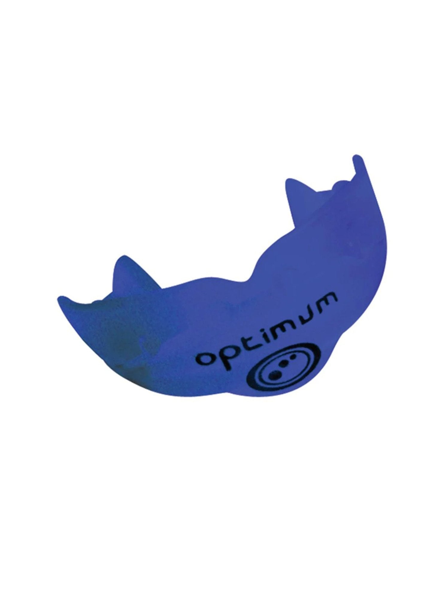 Blue Optimum Matrix mouthguard with black logo, top view on white - Optimum