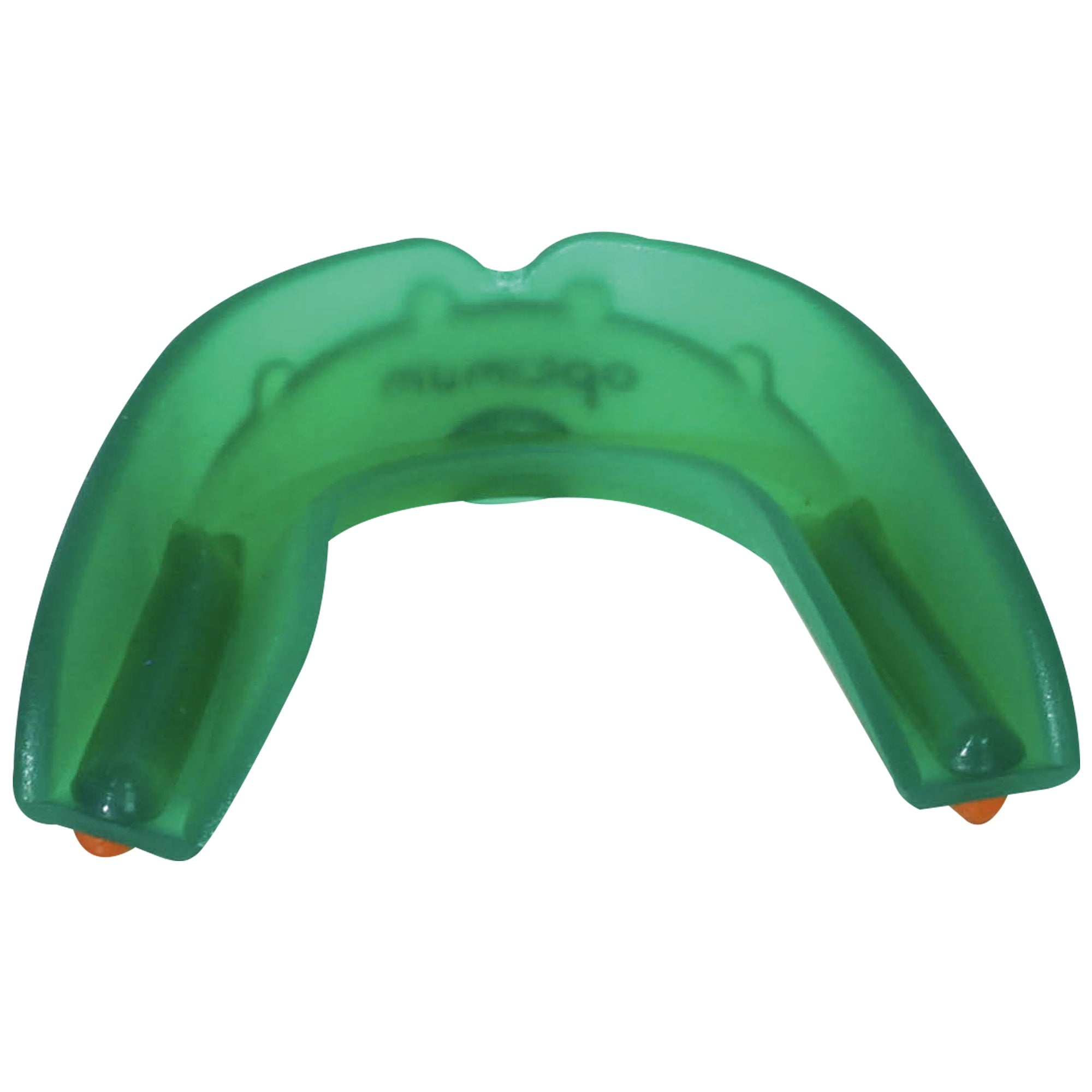 Green translucent Optimum Matrix mouthguard, top-down U-shape with orange base tabs, on white - Optimum