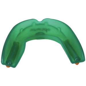 Green translucent Optimum Matrix mouthguard, top-down U-shape with orange base tabs, on white - Optimum