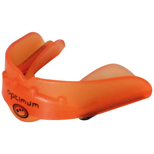 Orange Optimum Matrix mouthguard with black logo, close-up side view on white background - Optimum