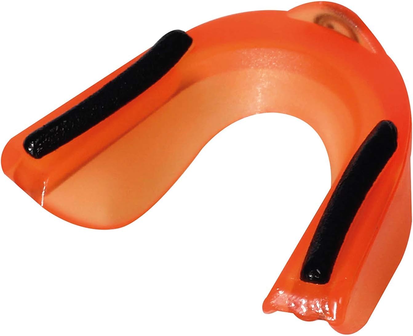 Orange Optimum Matrix mouthguard, angled close-up with black gel channels, on white background - Optimum
