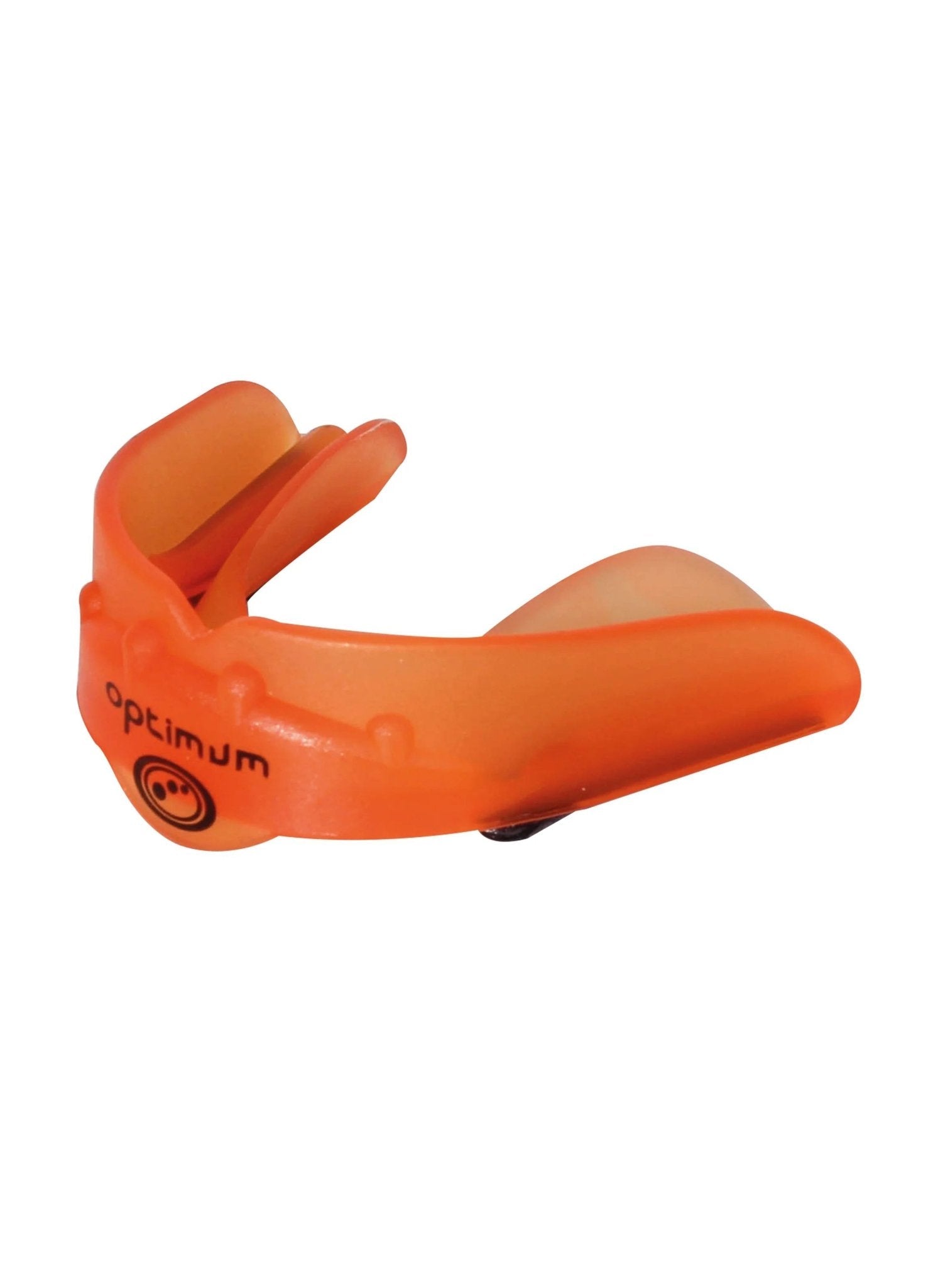 Orange Optimum Matrix mouthguard with black logo, side view on white background - Optimum