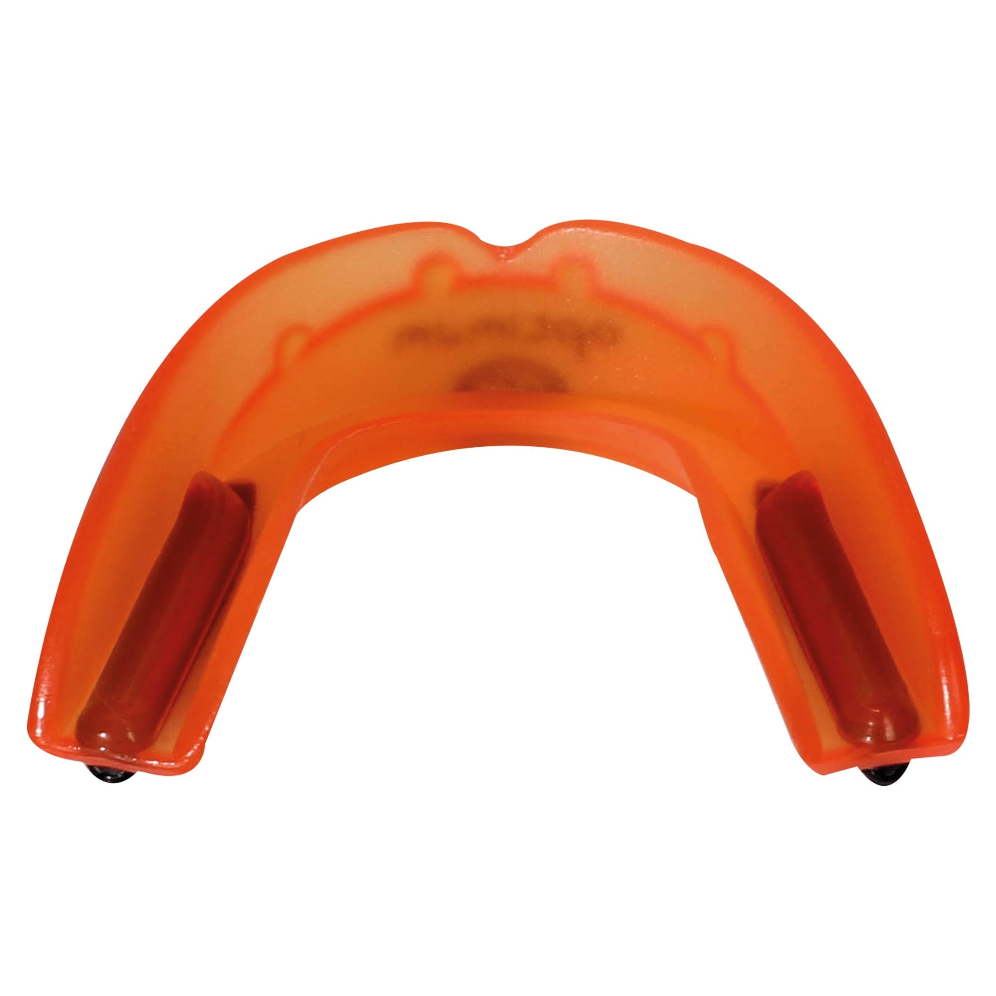 Orange translucent Optimum Matrix mouthguard, top-down U-shape with black base tabs, on white - Optimum