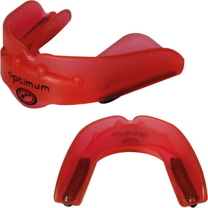 Red Optimum Matrix mouthguard, two views showing side and top-down U-shape, black logo, on white - Optimum