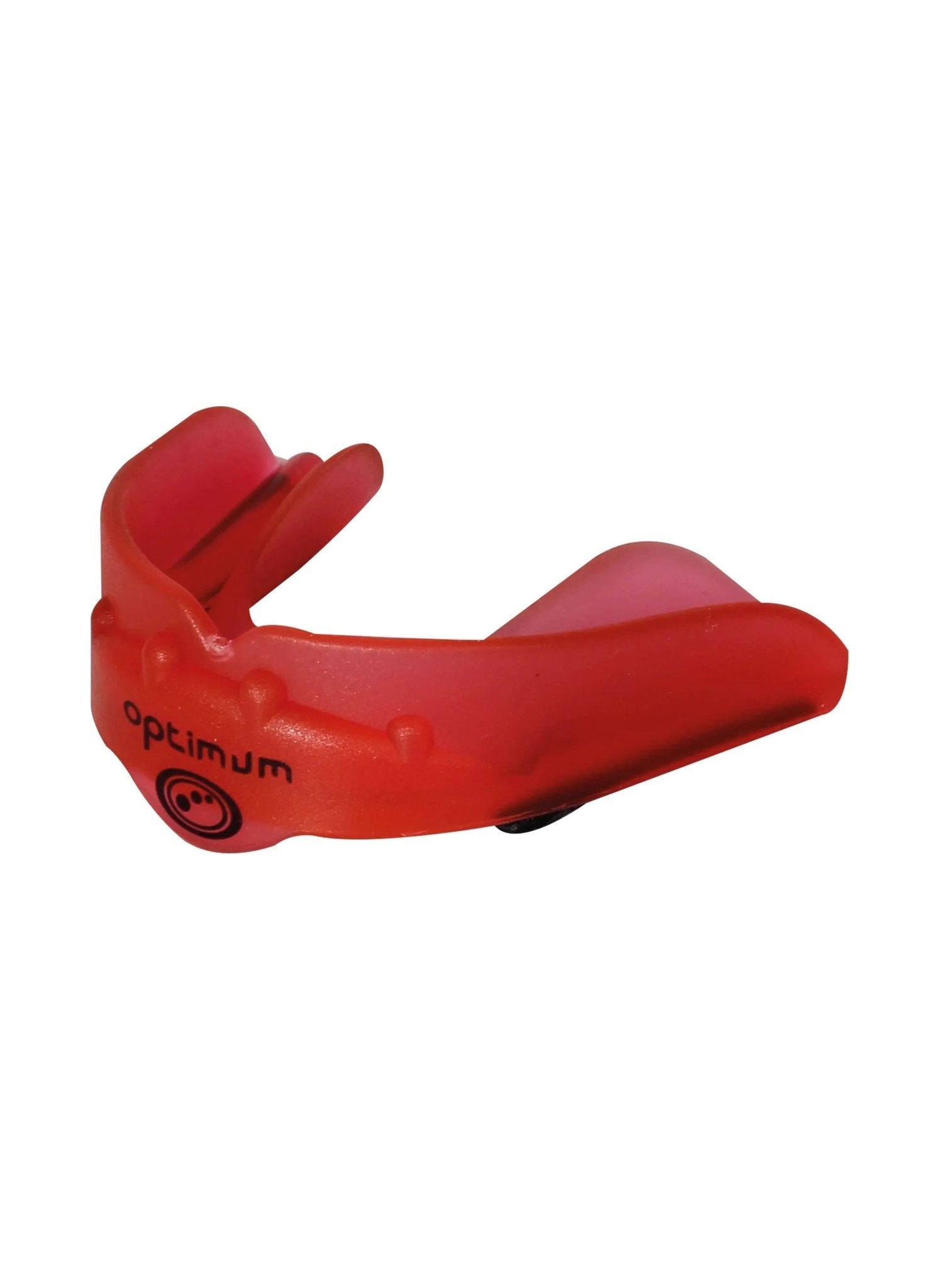 Red Optimum Matrix mouthguard with black logo, side view on white background - Optimum